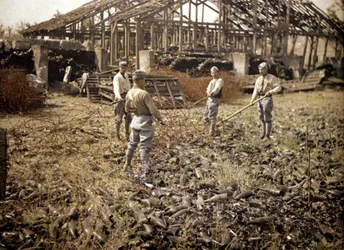 French soldiers installing barbed wire near the storage building for bottles, at a heavily damaged glass factory, Verrerie Saint-Gobain de Vauxrot, Cuffies, Aisne, France, 1917